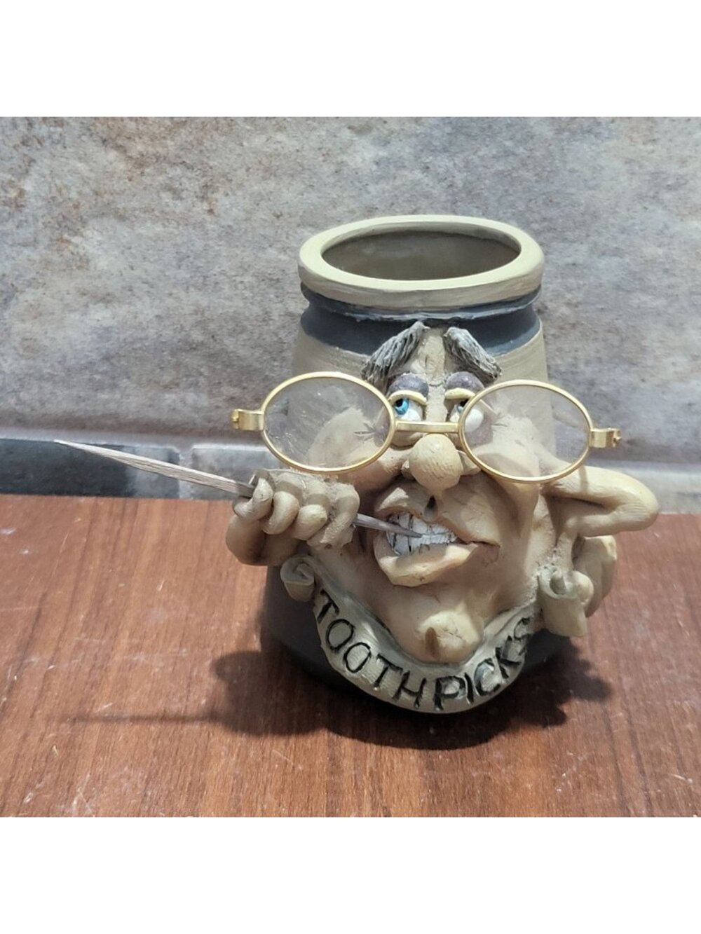 Whimsical Folk Art Ceramic Toothpick Holder Cup Funny Face Novelty Stoneware